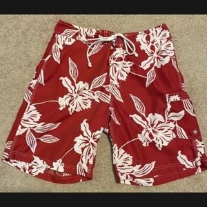 Mens J Crew Board Shorts 32 Red Floral 9” Inseam Hook & Loop Fly